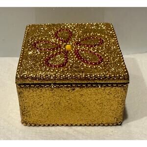Pier 1: Gold Glitter small Trinket Box red flower Vtg retro